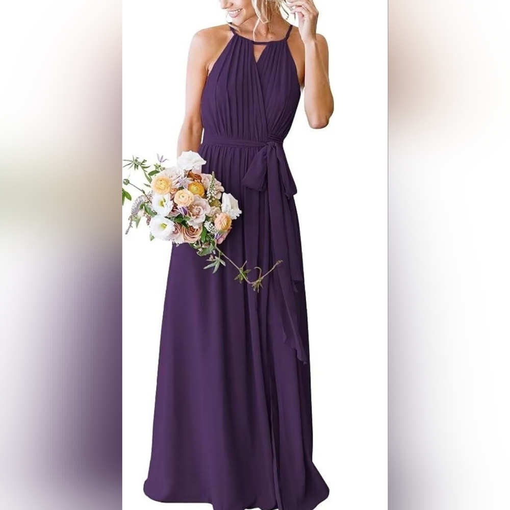 Women's A-Line Halter Chiffon Dress with Side Slit (Plum)